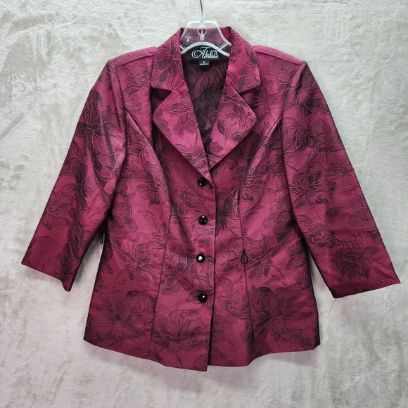 Alex Evenings Blazer Womens Small Burgundy Floral Jacket Button Front Embossed - Picture 1 of 6